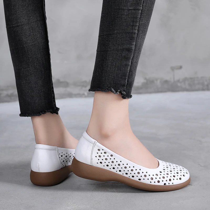 GKTINOO White Genuine Leather Ladies Breathable Summer Shoes Women Flats Slip-On Loafers Round Toe Soft Flat Shoes Casual