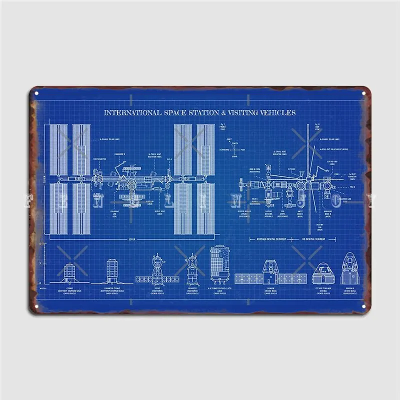 International Space Station Iss Visiting Vehicles Blueprint Metal Sign Pub Kitchen Create Painting Décor Tin Sign Poster