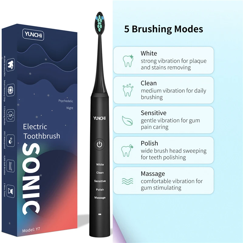 YUNCHI Sonic Electric Toothbrush Deep Clean Oral Timer 5 Brushing Modes USB Rechargeable Soft Bristles Tooth Brushes Waterproof