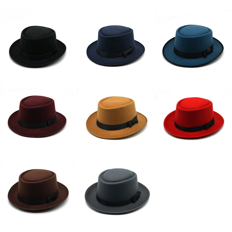 Flat-top fedora hat curling hat autumn and winter new dress felt short brim monochrome male and female church шляпа женская