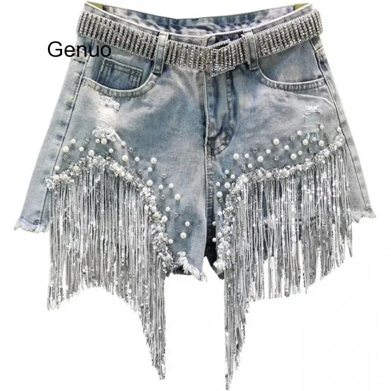 Denim Shorts Female 2020 Summer New High Waist Was Thin Heavy Industry Beaded Sequins Tassels Hole Wide Leg Shorts R990