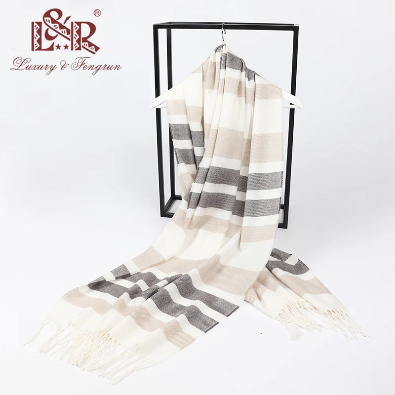 Foulard jesień ciepły kaszmir zimowy szalik w paski Plaid wysokiej jakości długi Tassel kobiety zagęścić szal do opatulania się panie wełna Pashmina