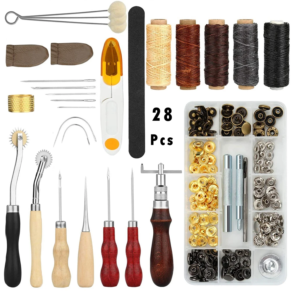 

28Pcs Leather Craft Tools Kit Hand Stitching Tools Punch Carving Work Saddle Snap Button Tools Set Groover Punch Fasteners Kit