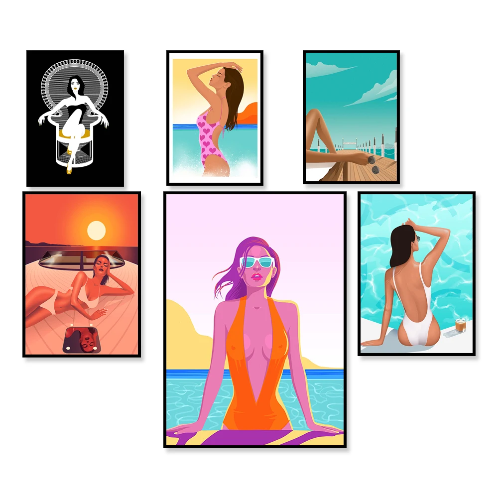 Woman in bathing suit at the beach illustration，Beautiful woman enjoying setting sun in Ibiza on a Vandutch boat illustration