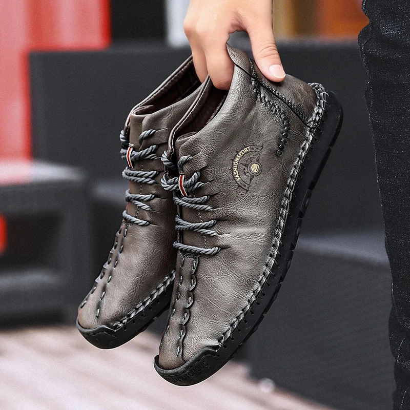 Brand Winter Men Boots Fashion Leather Thick Plush Warm Man Waterproof Ankle Boots Winter Casual Snow Boots Shoes Big Size 37-50