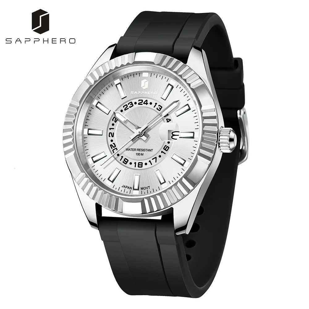 

SAPPHERO Watch for Mens Stainless Steel Case MIYOTA Quartz Movement Wristwatch Silicone Strap 100M Waterproof Luminious Clock