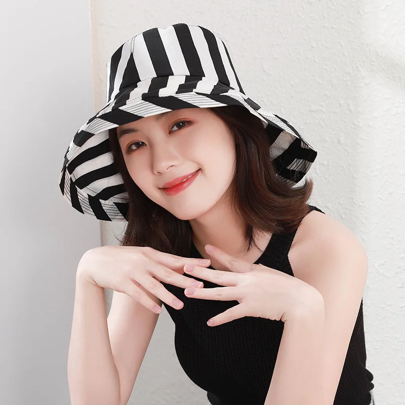 2021 New Striped Large Eaves Foldable Sunshade Basin Hat Korean Version Simple Fashionable Sun Fisherman Hat Cloth Hat Female