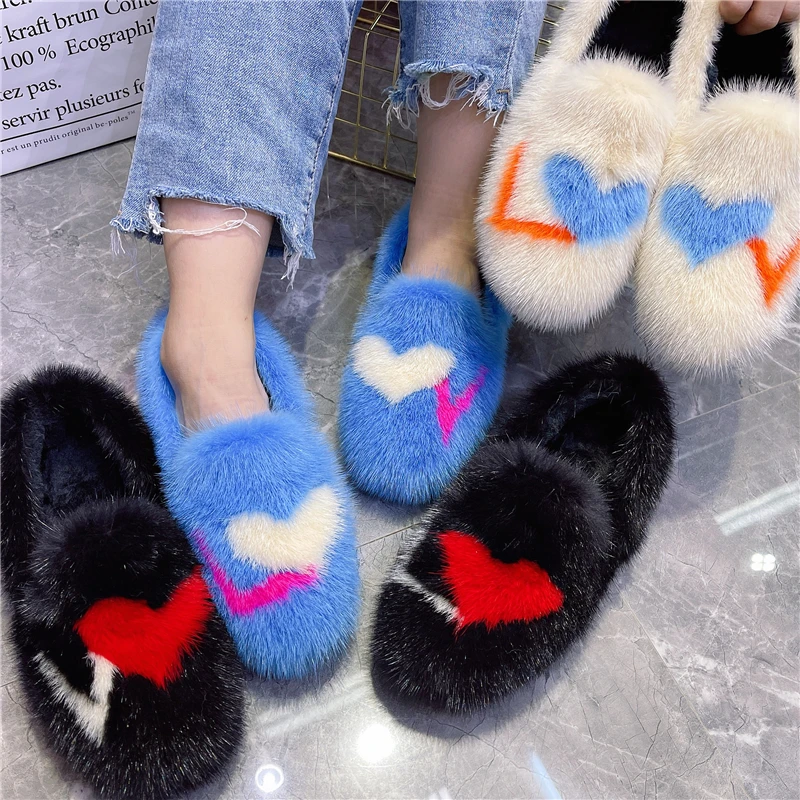 

Loving Heart Mink Fur Women Flats Casual Loafers Espadrilles Winter Warm Fur Shoes Woman Walking Driving Flat Shoes