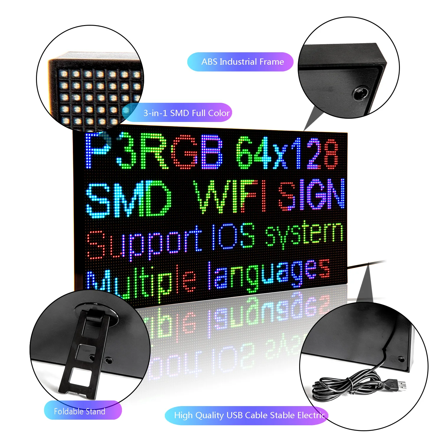 Led Open Sign Display WiFi Portable Programmable Mesaage Led Display Board with Foldable Stand and USB Power Cable for Desktop