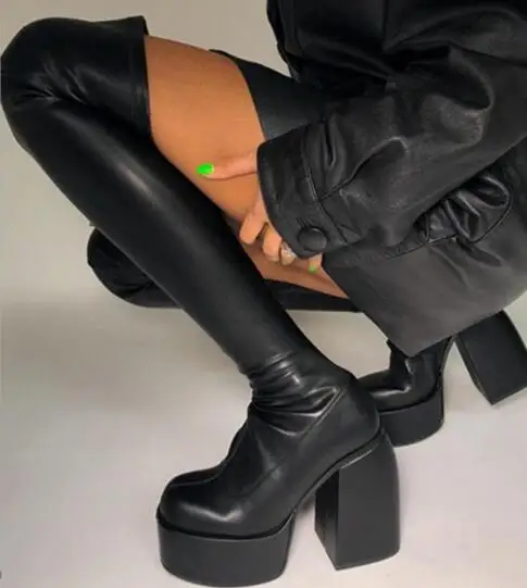 Punk Style Lady Black Leather 135 mm Chunky Heels Platform Over The Knee/Knee Boots Woman Square Toe Slip On Long/Short Booties