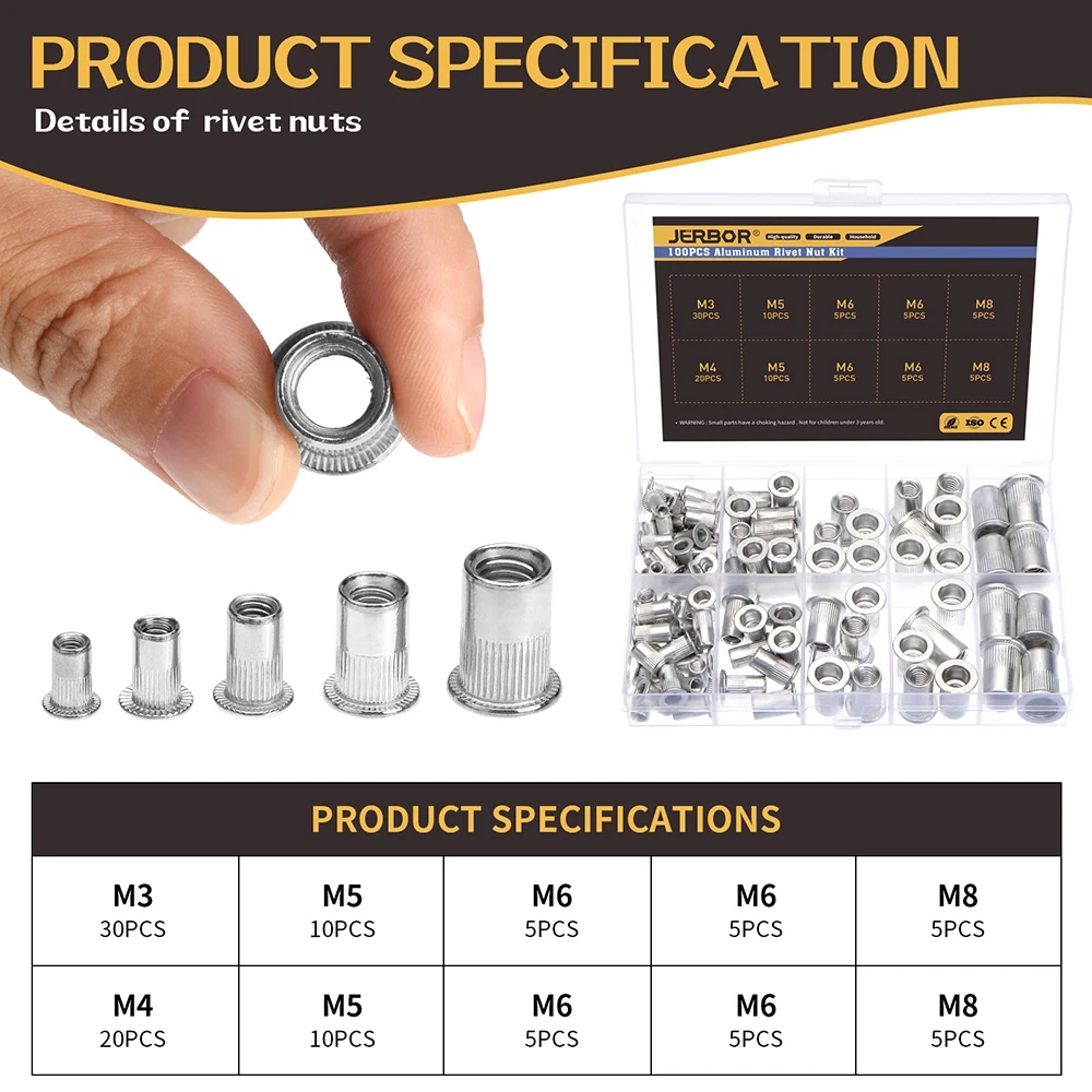 100PCS Aluminium Rivet Nuts Set Nutserts Threaded Insert Nutsert Cap Flat Head Rivet Nuts Carbon Steel M3 M4 M5 M6 M8