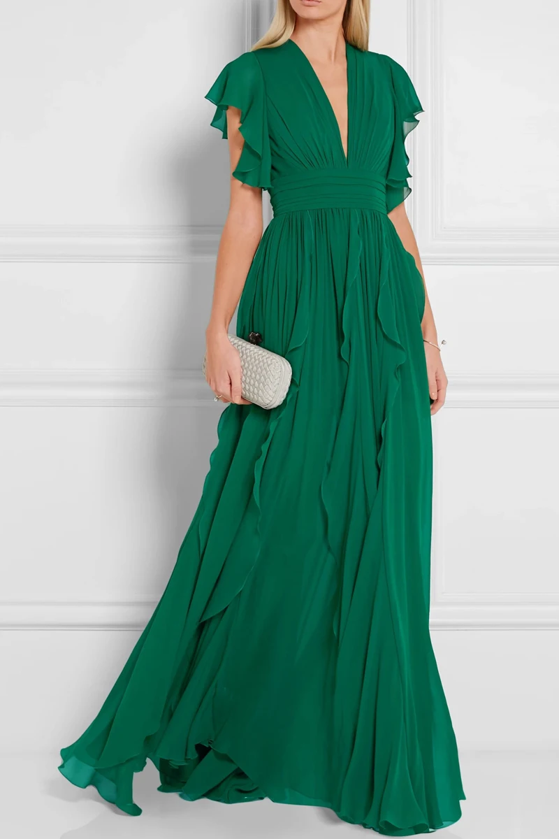 Royal Sister Goddess Fan V-neck Dress Heavy Industry Ruffled Slim High Sense Green Long Skirt  Dress