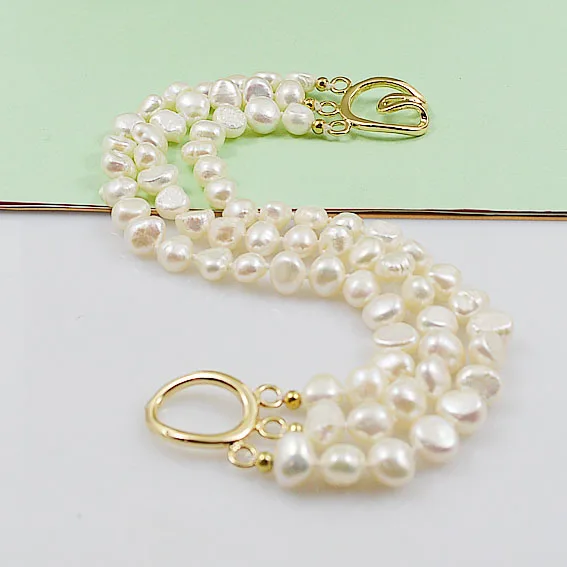 

New Favorite Pearl Bracelet White 3Row Baroque Freshwater Pearl Gold Plated Chain Buckle Can Be Worn At Will Ladies Fine Jewelry