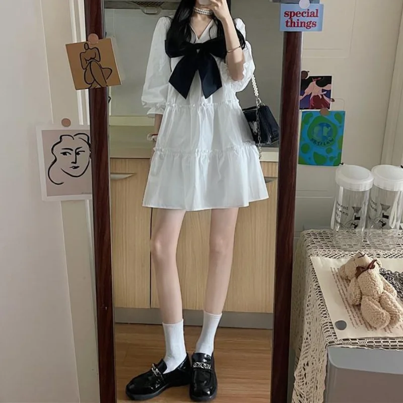 HOUZHOU White Dress Women Kawaii Bow Mini Dresses Summer Preppy Style Cute Harajuku Vintage Outfits Oversize Streetwear