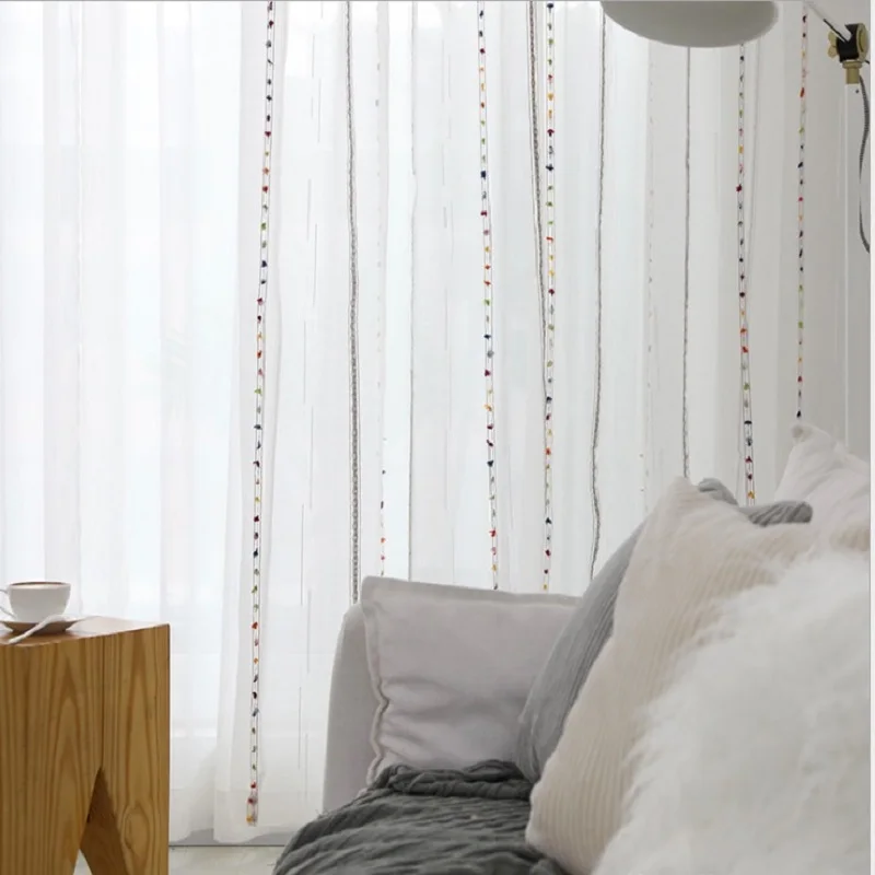 Fresh white sheer curtains Nordic bedroom French wave window yarn balcony gauze shade embroidery striped window screen curtains