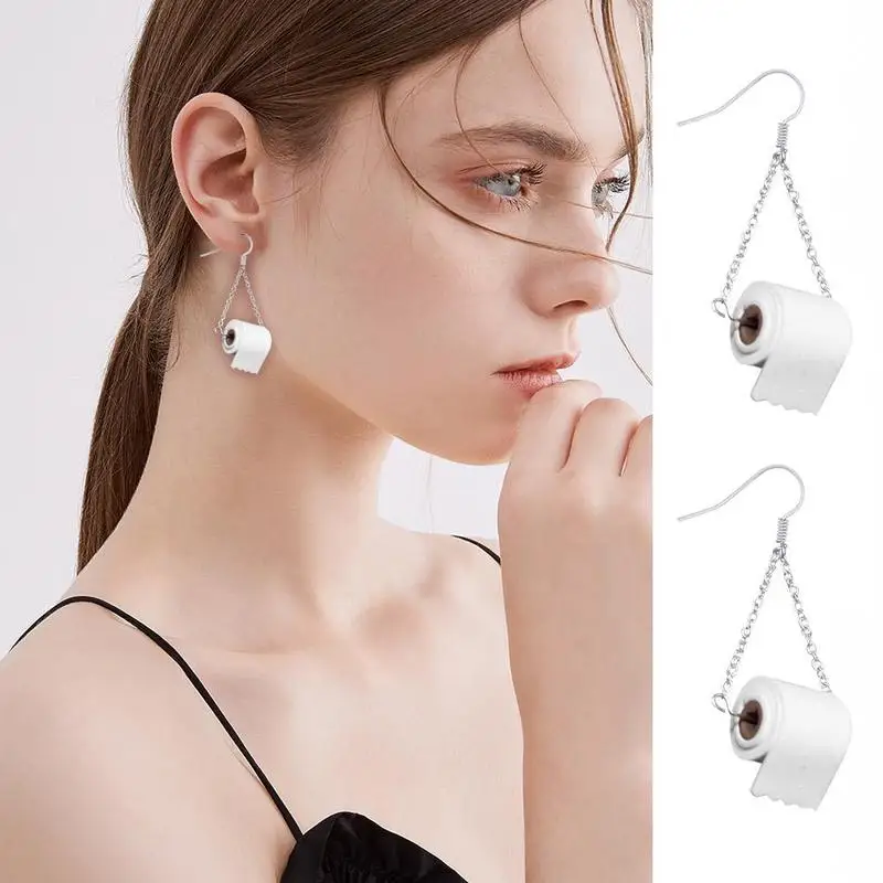 Creative 3D Roll Paper Dangle Earrings Girls Geometric Drop Earrings Women Toilet Paper Towel Studs Funny Earrings