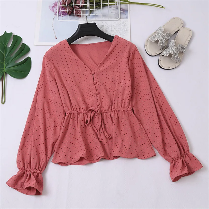 Gowyimmes Slanke vrouwen Lange Mouw Blouse Vintage Single Button V-hals Shirts Trim Sexy Lady perspectief Shirt BasicTops PD403