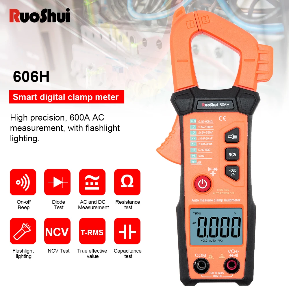 

RuoShui606H Digital Clamp Meter 60A-600A AC/DC Current Tester True RMS Auto Range Resistance Diode Continutity Buzzer Multimeter