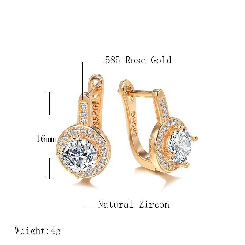 Kinel Simple Round Natural Zircon Stud Earrings For Women Fashion 585 Rose Gold Bridal Wedding Earrings OL Crystal Jewelry Gifts