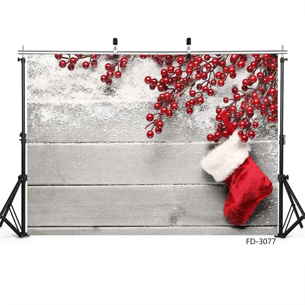 Holly Snow Sock Wooden Plank Christmas Photo Backdrop Vinyl Cloth Photography Background for Children Baby Photobooth Photoshoot