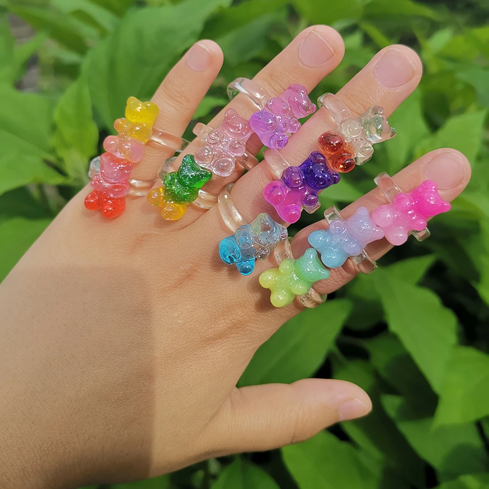 Last Lady New  Fashion Candy Colors  Women's Rings Transparent Resin Cute Bear  Creativity  Jewelry Party Accessories Wholesale