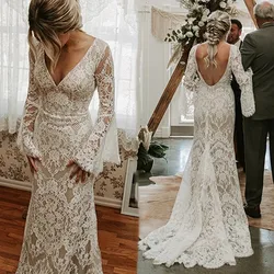 Vintage Lace Mermaid Beach Wedding Dress Long Flare Sleeves Sexy Open Back Country Wedding Dresses Rustic Boho Gowns Customized
