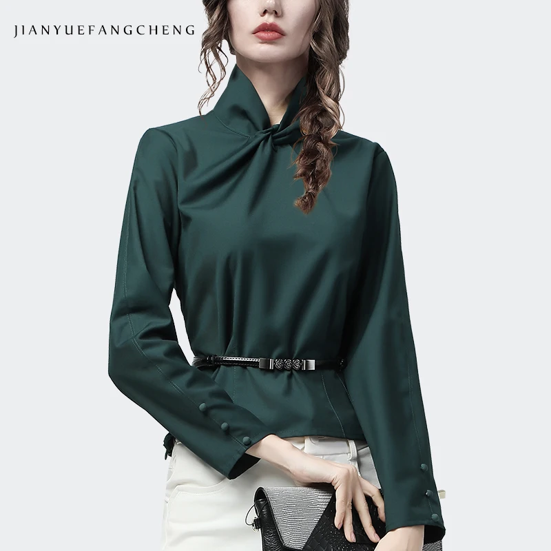 Neckline Twisted Women Solid Long Sleeve Blouse With Belt 2021 Autumn New Elegant Slim Stand Neck Tunic Shirt Office Ladies Tops