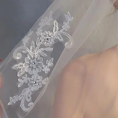 1T Wit Ivoor Kant Applicaties Strass Bruidssluier Met Kam Wedding Vrouwen Elegante Haarbanden Een Laag Bloemen Borduren