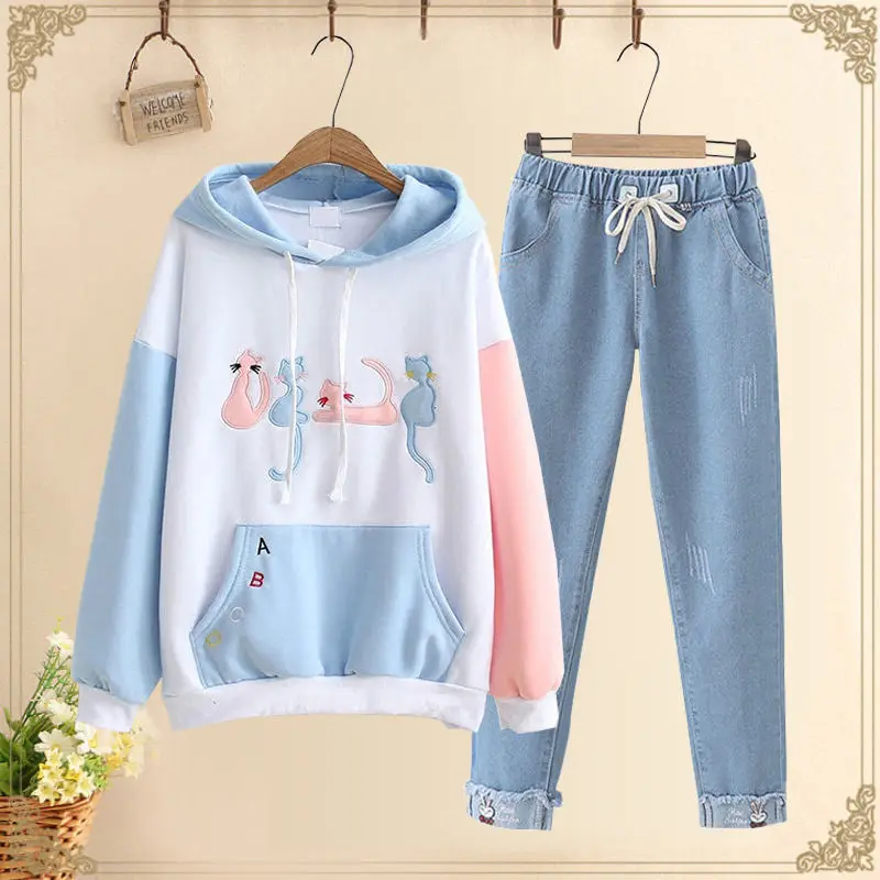 Single/Set Female Student Jeans Set 2023 New Women Spring Autumn Sweatshirt+Cowboy Pants Two-Piece Suit Jeans No velvet  B1230