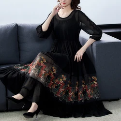 Women Black Mesh Floral Embroidery Elegant Maxi Dress 2024 Spring Vintage Two Piece Dress Bodycon Party Evening Vestidos