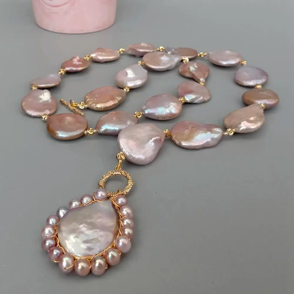 Y·YING natural Freshwater Cultured Purple Keshi Coin Pearl Necklace 32mm Pearl Pendant 18