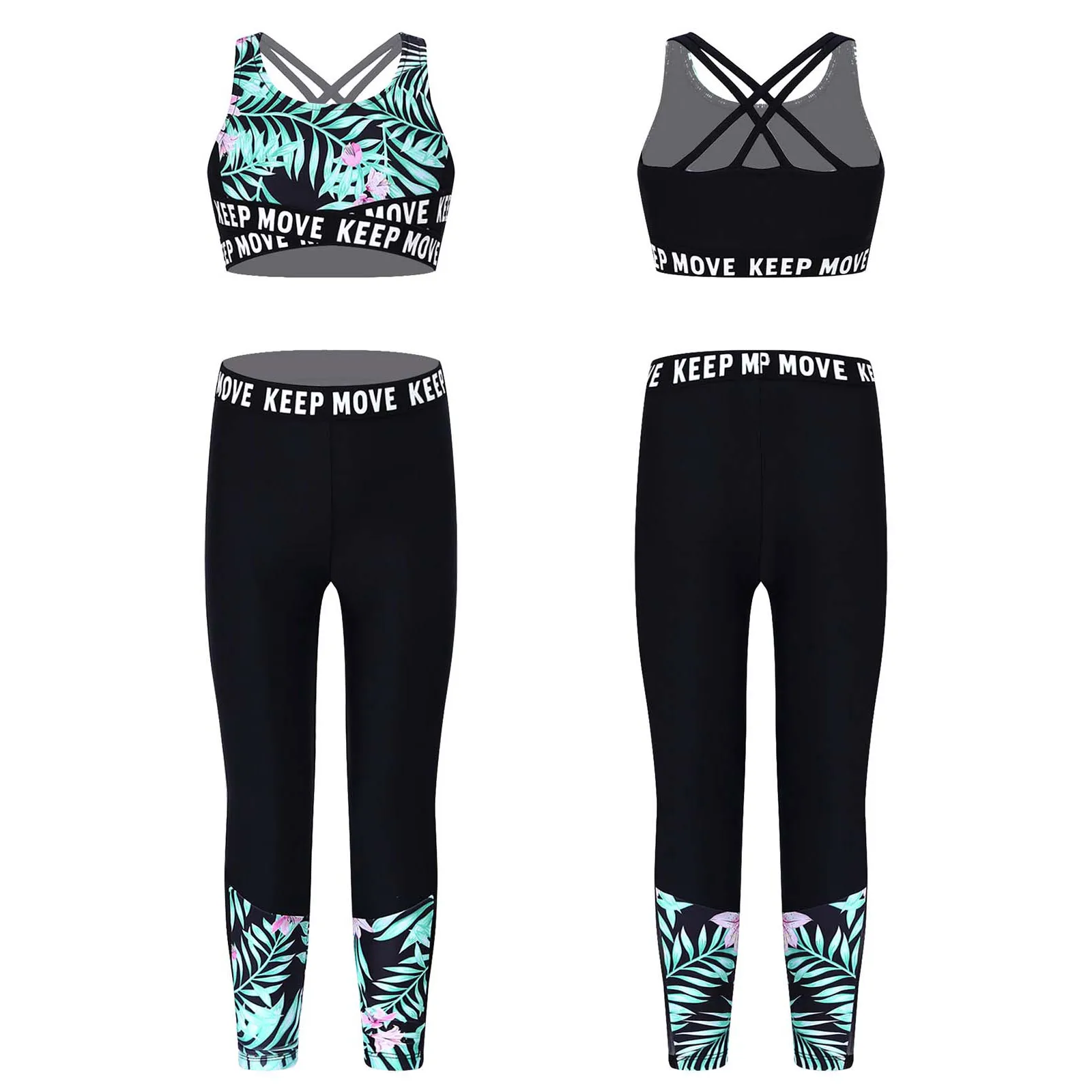 Kids Girls Summer Sport Clothes Floral Print Racer Back Top Pants Set Tracksuits Suit Seamless Workout Fitness Gymnastics Outfit