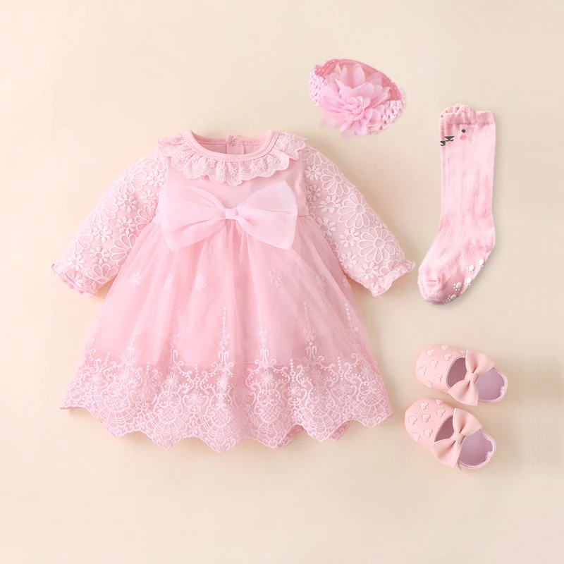 Newborn Baby Girl Dresses Clothes For 0-3 Month Set Party Birthday Dress Outfits 0-1 Years Shoes Tights & Long Socks Christening