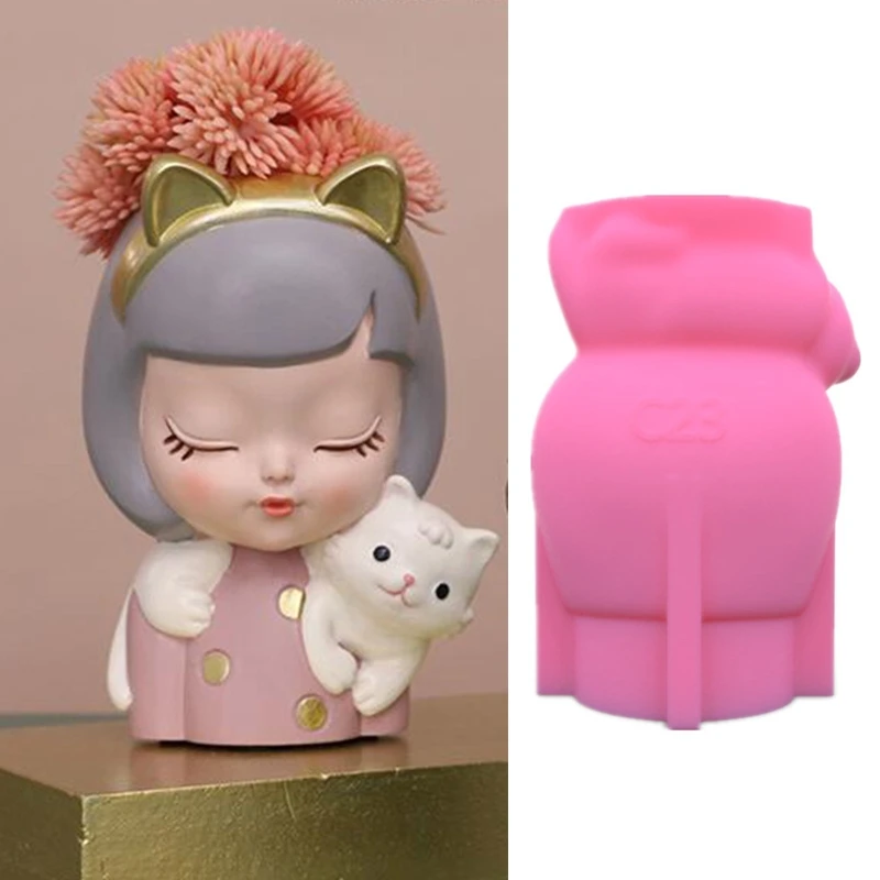 Cute Cat Girl Flower Pot Epoxy Resin Mold Succulents Concrete Plant Pot Holder Silicone Mould DIY Crafts Home Decoration