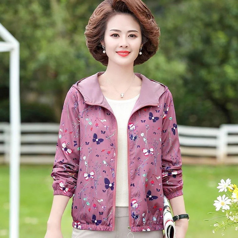 Chaqueta de doble cara para mujer, Chaqueta corta para primavera y otoño, abrigo con capucha, Tops finos estampados, cortavientos para mujer de mediana edad 5XL W2316