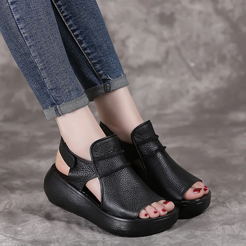 GKTINOO 2024 Summer Shoes Thick Bottom Flat Platform Sandals For Women Genuine Cow Leather Fashion Wedges Peep Toe Women Sandals