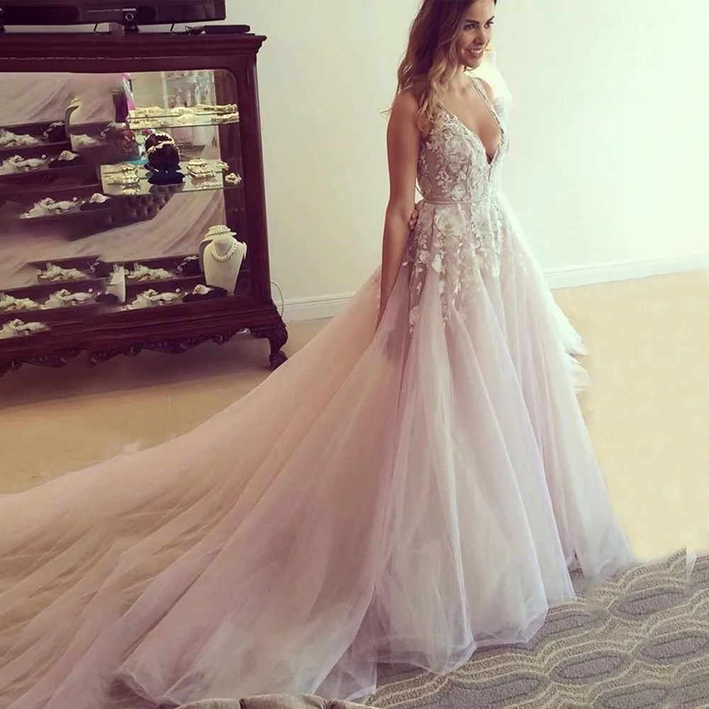 

Wedding Dresses V Neck Tulle Applique Open Back Sleeveless A Line Floor Length Cathedral Train Bridal Dress Vestido De Noiva