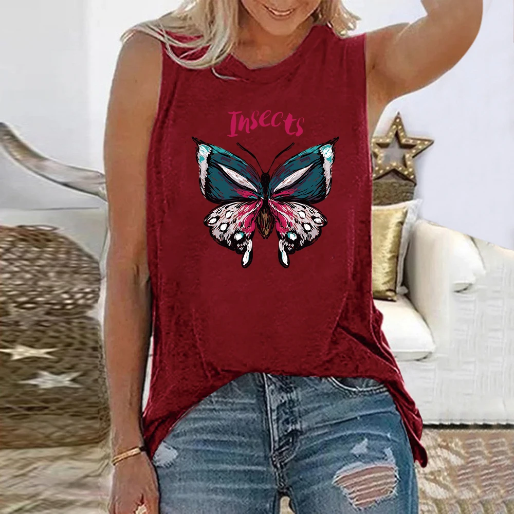 Seeyoushy Graphic Tee Shirt Femme Insects Butterfly Print Funny Women Shirt for Sports Vest Sleeveless Harajuku Tops Clothes