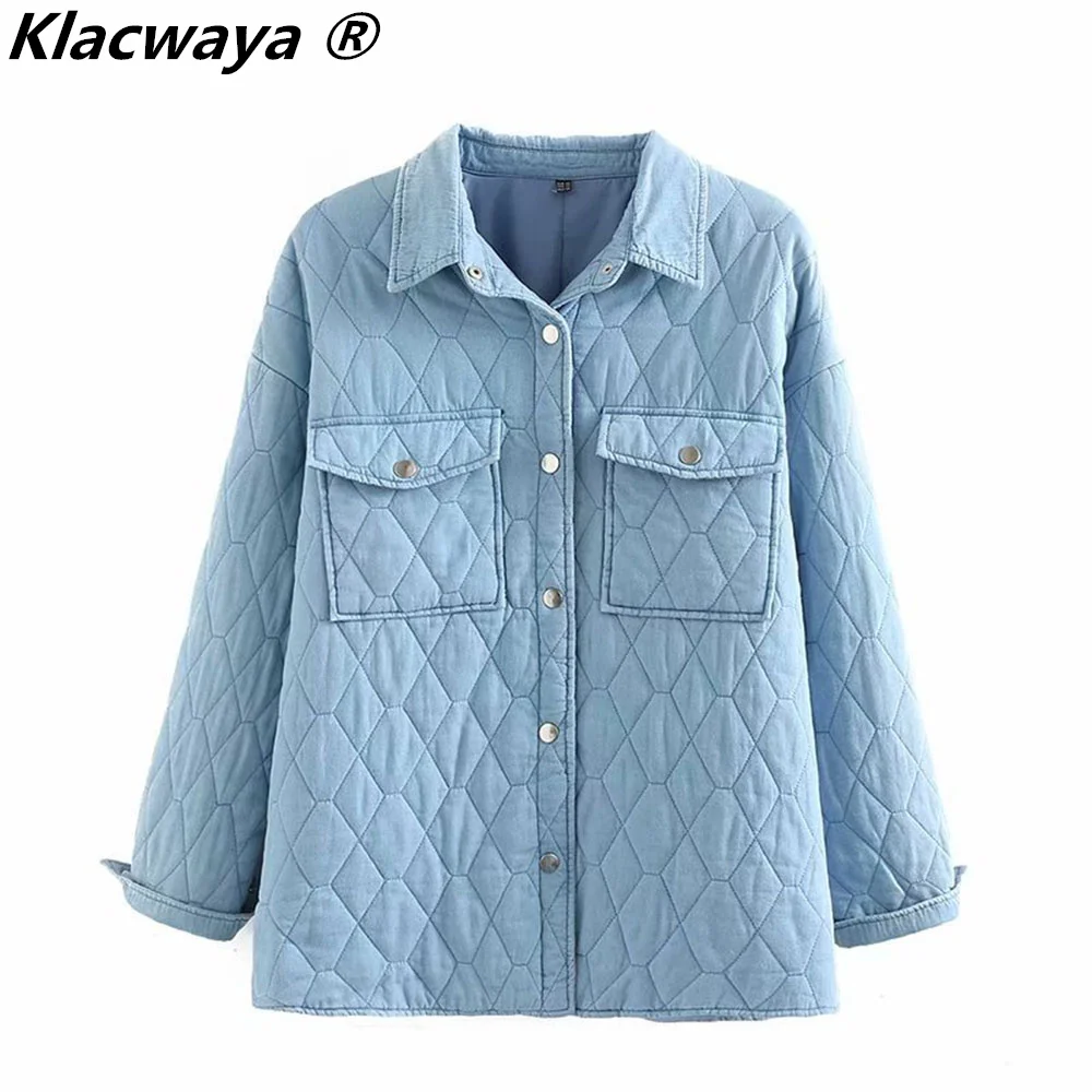 Klacwaya 2021 Vrouwen Effen Kleur Argyle Jas Vintage Kraag Snap Pocket Vrouwelijke Losse Streetwear Bovenkleding Chic Jacket