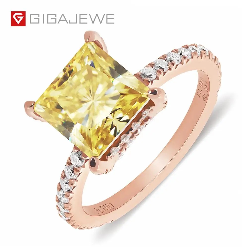 

GIGAJEWE 3.0ct 8.0mm Fancy Vivid Yellow Color Moissanite VVS1 Princess Cut 18K Gold Ring Jewelry Anniversary Girlfriend Gift