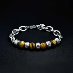 Trendy Mens Stainless Steel Bracelet 100% Real Natural Stone Beads Braslet Tiger eye Punk Link Chain Brazalete Gift For Him