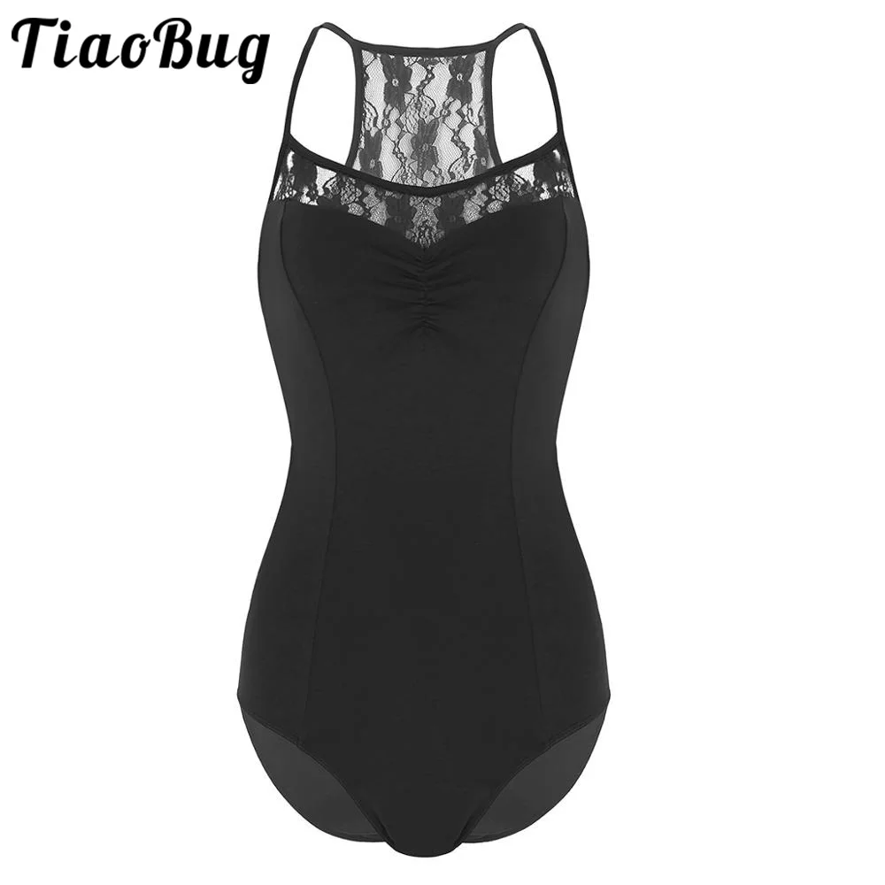 TiaoBug Women Cotton Sports Bodysuit Built-in Bra Ballet Leotards Adult Floral Lace Back Gymnastics Leotard Female Dance Wear