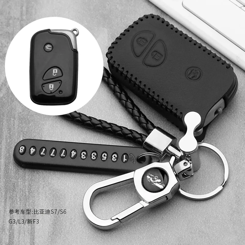 Leather car Key fob Cover case shell holder sticker For BYD S6 S7 G3 L3 M6 L6 E6 F0 F3 3 button Smart Remote key