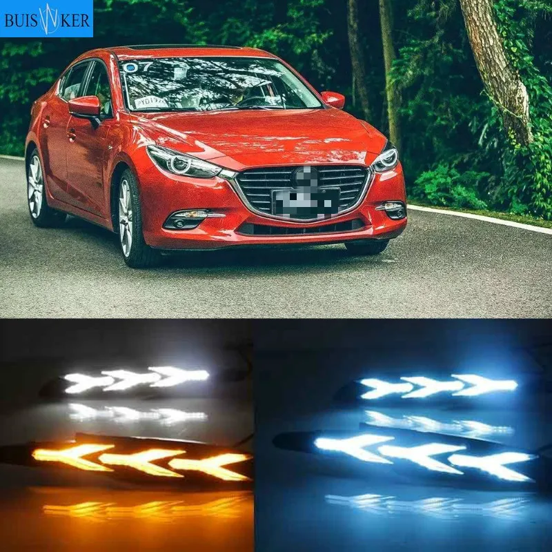 

Car 1Pair For Mazda 3 Axela 2017 2018 DRL LED Daytime Running Light Fog Lamp With yellow Flowing Turning Signal light