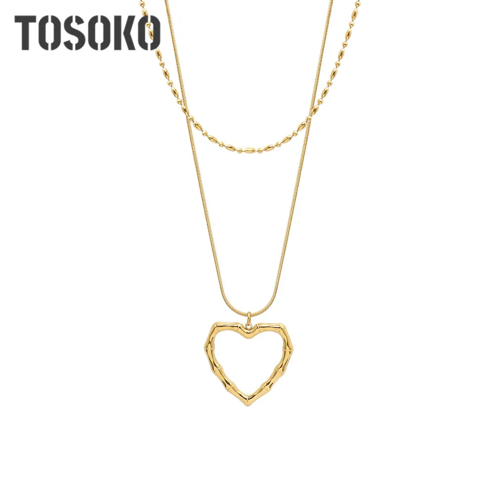 

TOSOKO Stainless Steel Jewelry Snake Bone Chain Peach Heart Pendant Necklace Women's Double Layered BSP1130