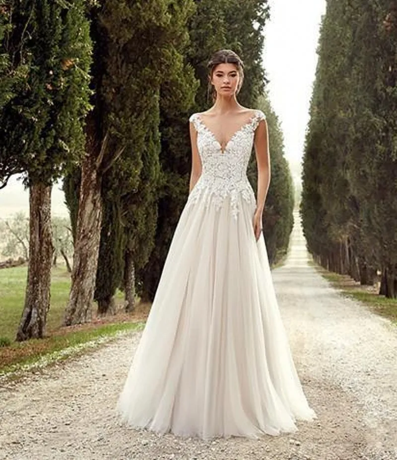 Robe de mariée longue, Design Simple, jardin d'été, plage, ligne A, col en V, mancherons, bas dos nu, bon marché, Boho, 2021