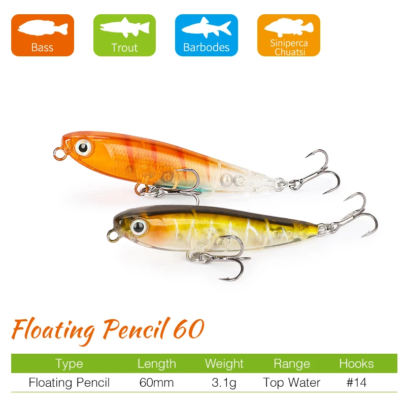 TSURINOYA Floating Pencil 60F 60mm 3.1g Profession Top Water Hard Fishing Lure Dog Walk DW64 Trout Small Hard Swimbait Wobblers