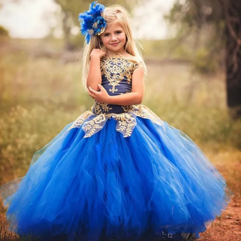 

Royal Blue Off Shoulders Tulle Flower Girl Dresses Crystals Beaded Corset Back Floor Length Girls Pageant Gowns Kids Formal Part