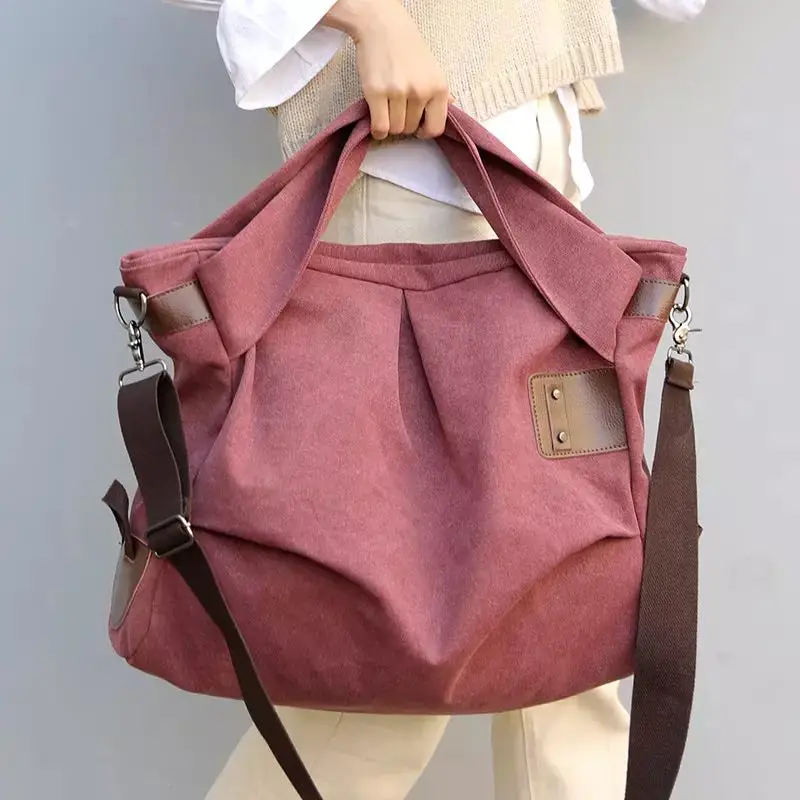 Women's Canvas Bag Casual Shoulder Canvas Bag Fashion Large Capacity Tote Pleated Women's Bag Retro Shopping Big Bag