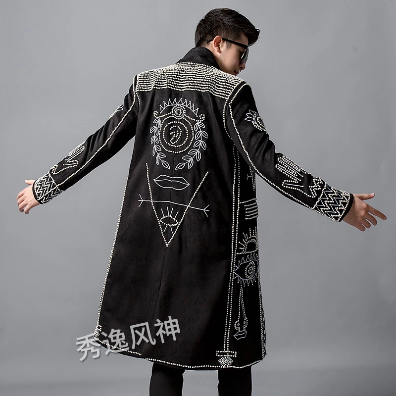 Autumn New Blazer Men Clothing Pearl Rivet Beaded Long Suit Trench Coat Embroidery Fashion Jacket Male Singer Stage Windbreaker